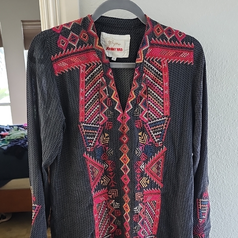 Johnny Was Black and Red Embroidered Top